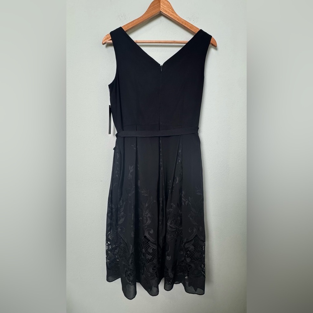 NWT Tahari ASL Black Sleeveless Openwork Chiffon Belted Bow‎ A-Line Tea Dress 8P - Picture 5 of 13